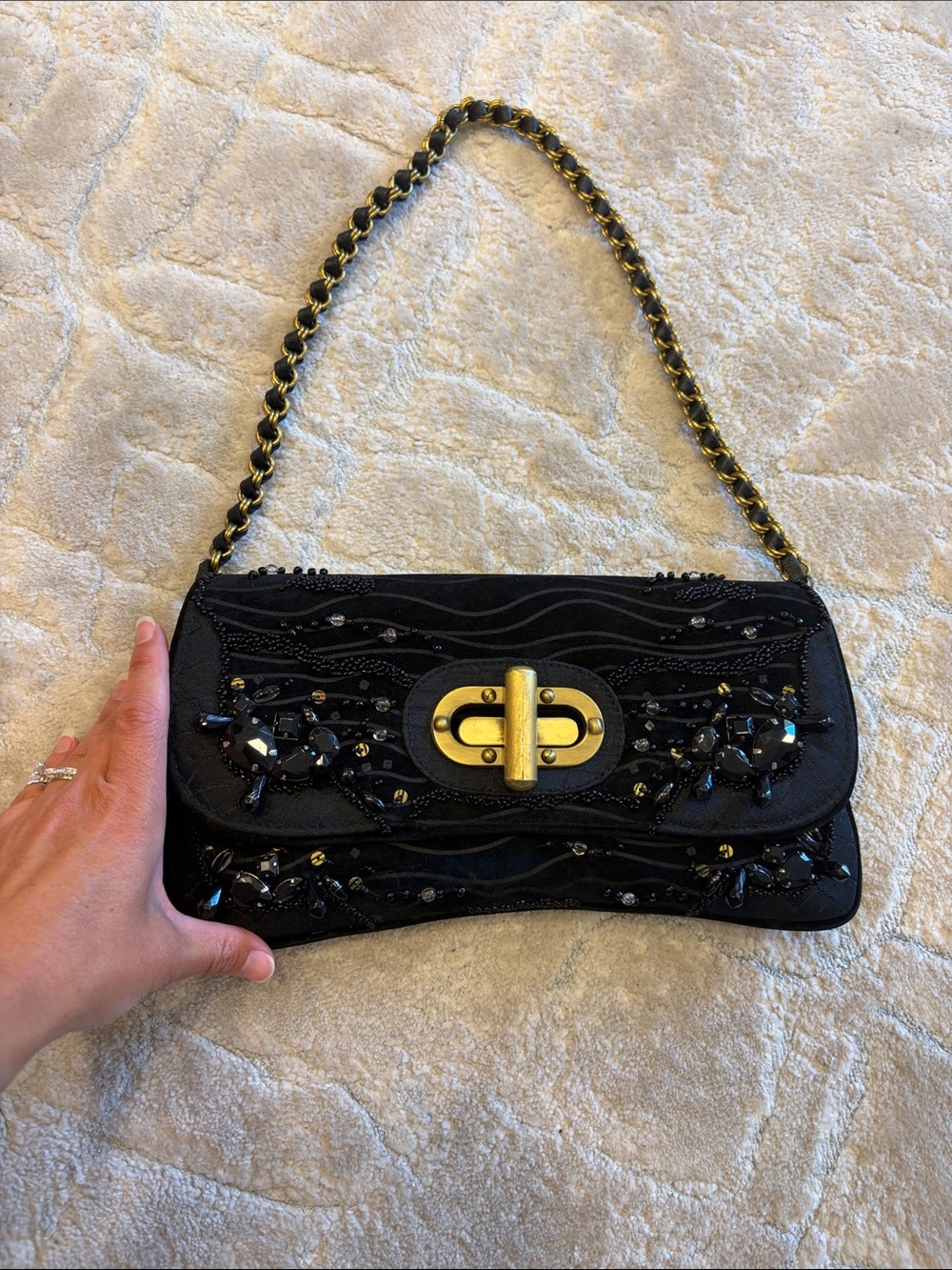 Mary Frances Black Embellished Evening Shoulder Bag with Gold Turn-Lock